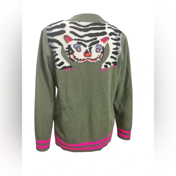 Vilagallo Wool Tiger Back Cardigan Olive Green XS Oversized Graphic Knit Spain - Picture 5 of 8